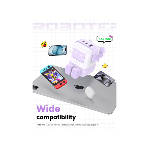 Ugreen Nexode 2-Port USB-C and 1-Port USB-A 65W GaN Wall Charger With LED Display - Purple