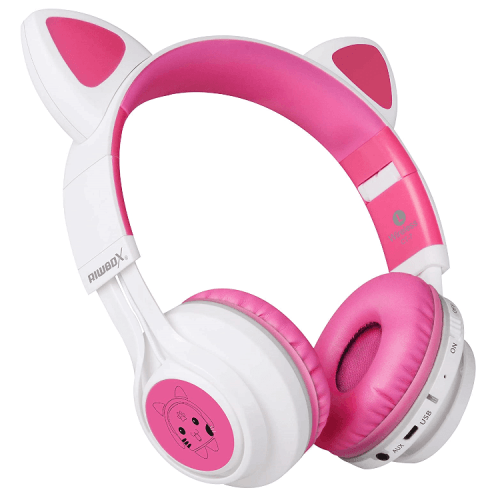 Riwbox Cat Ear Bluetooth Headphones With LED for Kids - White / Pink