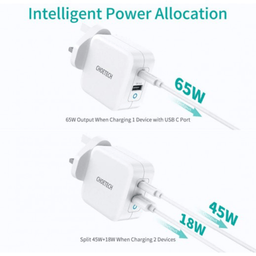 Choetech USB-C, USB-A PD 65W GaN Mini Fast Charger - White