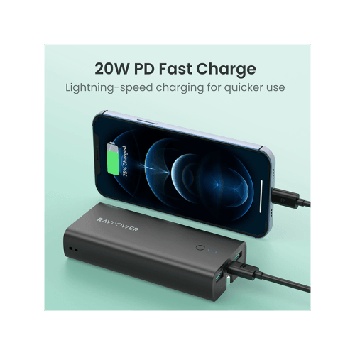 RavPower 1-Port USB-C PD 20W and 2-Port USB-A 10000mAh Power Bank with UK Plug - Black