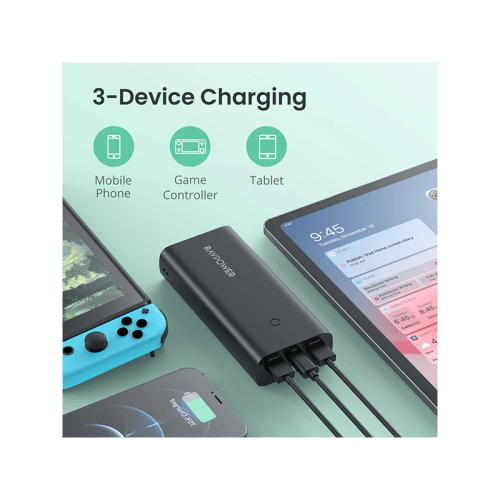 RavPower 1-Port USB-C PD 20W and 2-Port USB-A 10000mAh Power Bank with UK Plug - Black
