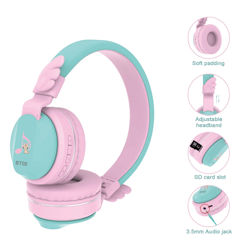 Riwbox Wings Foldable Wireless Bluetooth Headphones - Pink / Green