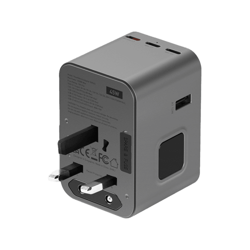 Energea Travelworld 3-Port USB-C and 2-Port USB-A 45W PD Travel Adapter - Gunmetal
