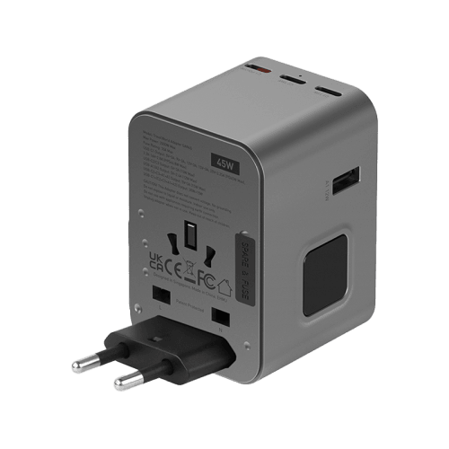 Energea Travelworld 3-Port USB-C and 2-Port USB-A 45W PD Travel Adapter - Gunmetal